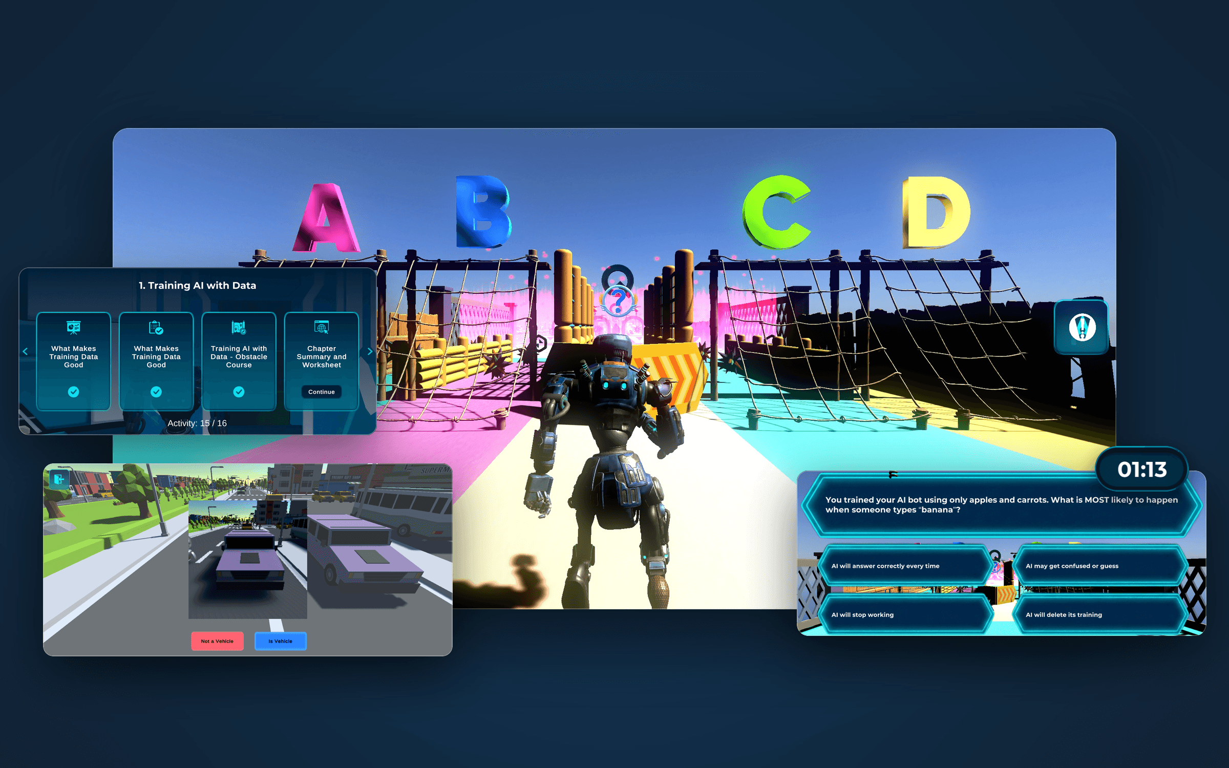 Four Learnverse screens: a player running towards answer gates A to D in a quest, a topic's activity list, a 3D city activity sorting vehicles, and a quest question with its timer.